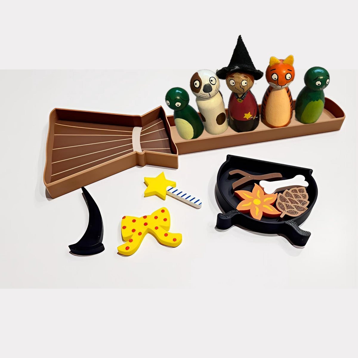 Broomstick Eco Play Tray with mini cauldron and accessories for bookish play and sensory play