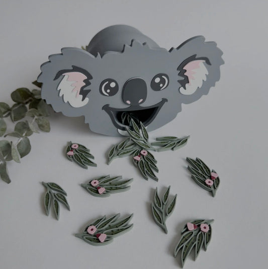 Feed the Koala sensory play tube with 15pcs Eucalyptus Leaves