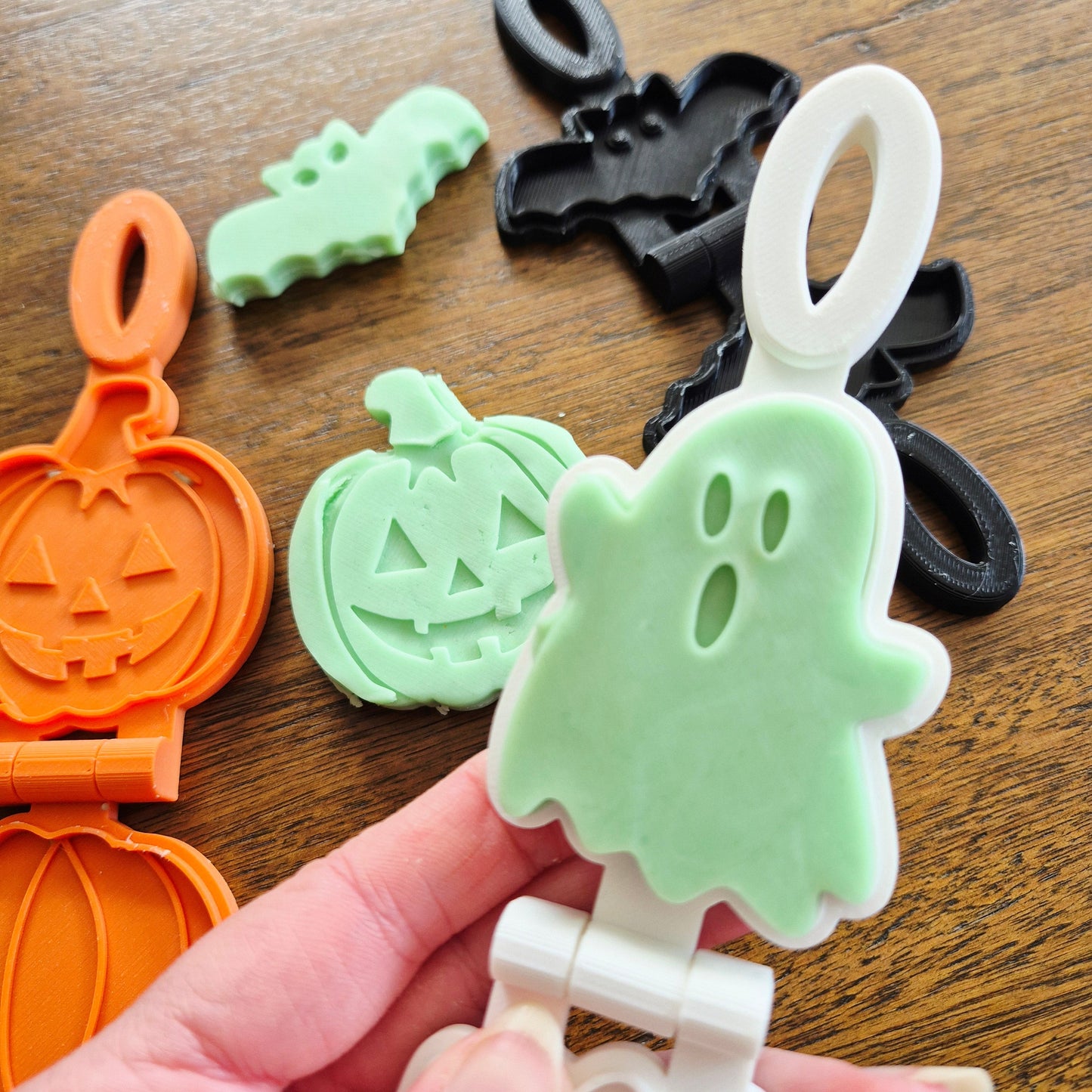 3D printed eco mold and press with a  ghost design perfect for halloween playdough play and early learning.